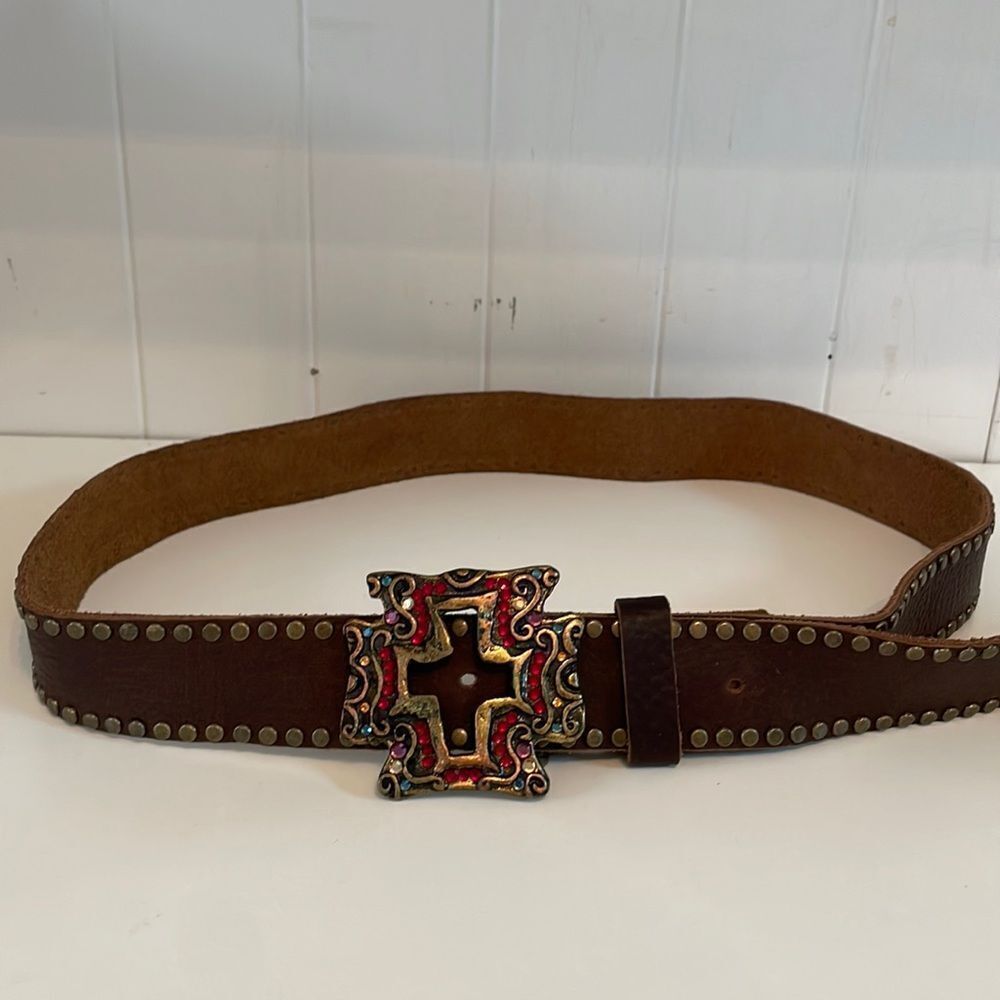 Brown Leather With Red Crystal Maltese Cross Belt